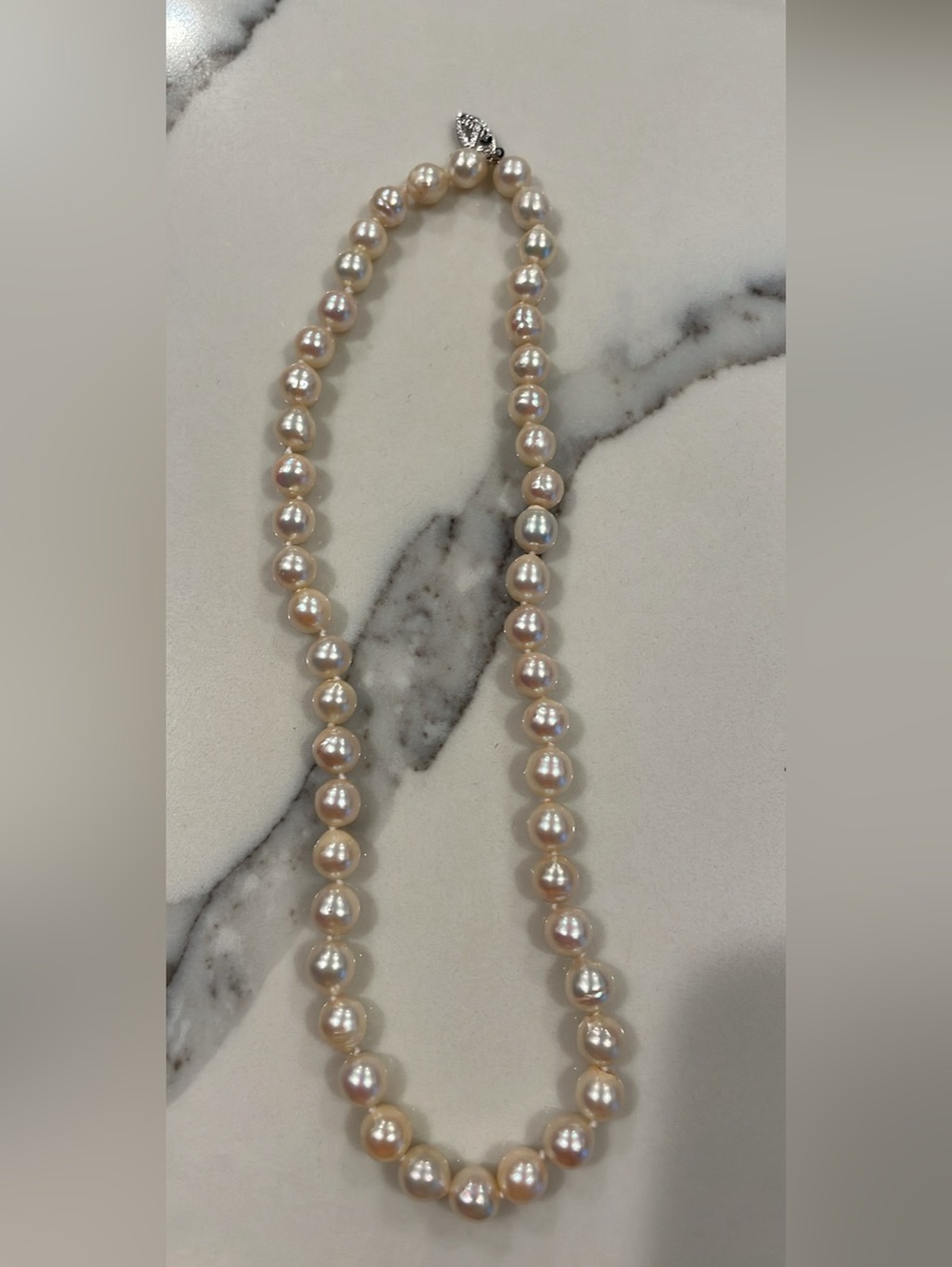 Pearl Necklace - Cream Pearl Strand with 14 kt white gold clasp 15”